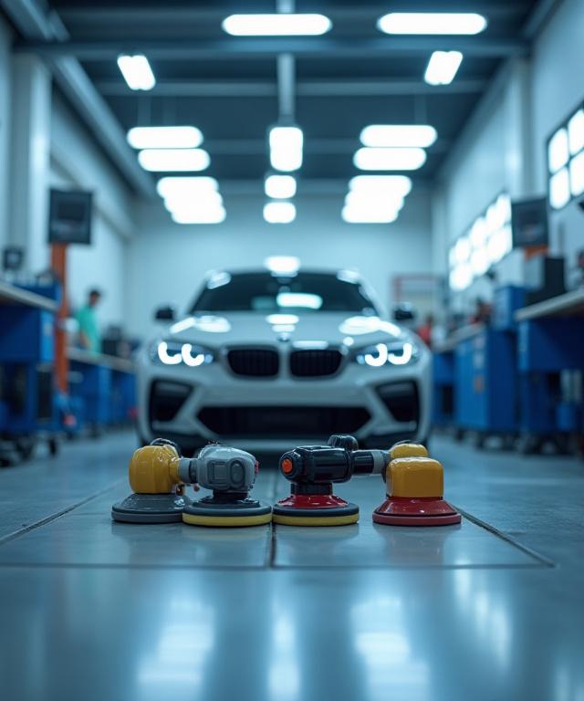 Atelier de detailing professionnel, propre et bien éclairé, avec des outils de polissage alignés.